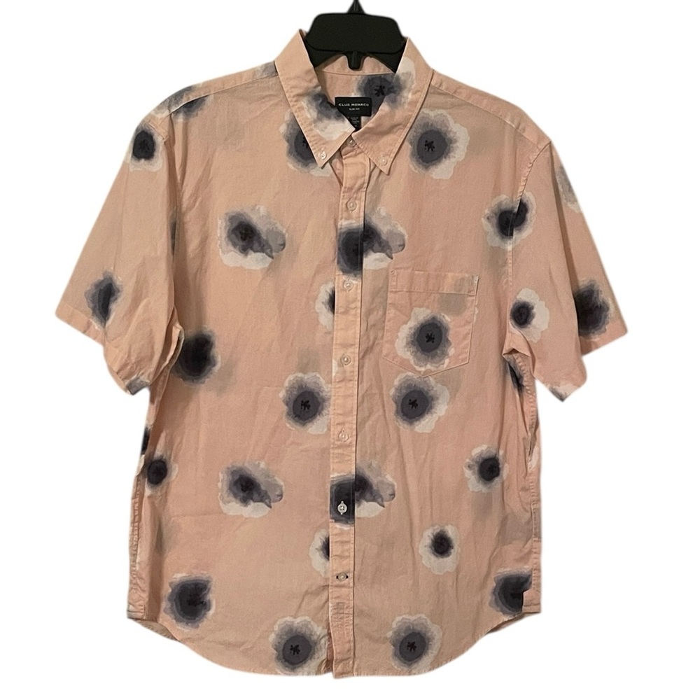 Club Monaco Peach Short-Sleeve Button-Down with Black & Gray Spot Flowers